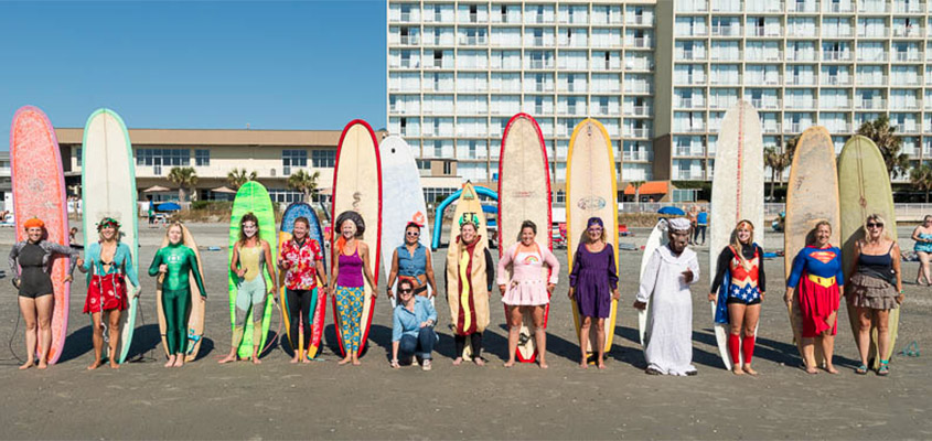 Folly Beach Wahine Halloween Surfing Event. Yes. It is hard to surf in a hot dog costume. No. It is not what caused my surfing injury. Photo: © 2016 Michael Johnson.