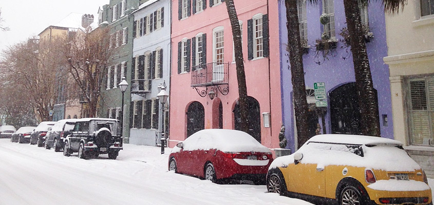 Rainbow Row in the snow. Charleston SC. © 2018 Lauren Boyd.