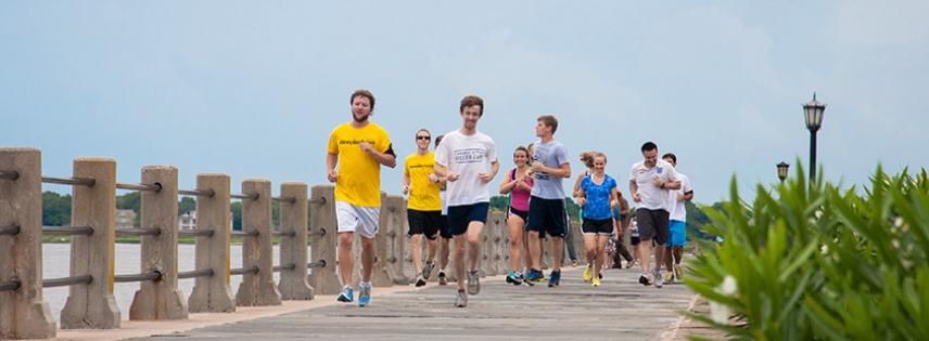 Steeplechase runners enjoy a view of the battery while learning about the historic district.