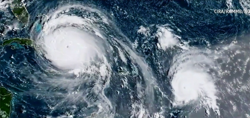 Satellite Imagery of Hurricane Irma with Hurricane Jose tracking behind it.