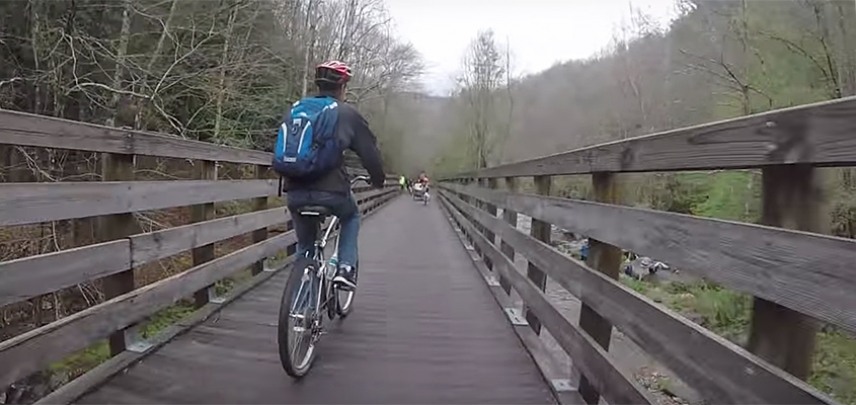 Crossing one of the wooden bridges on the Virginia Creeper Trail